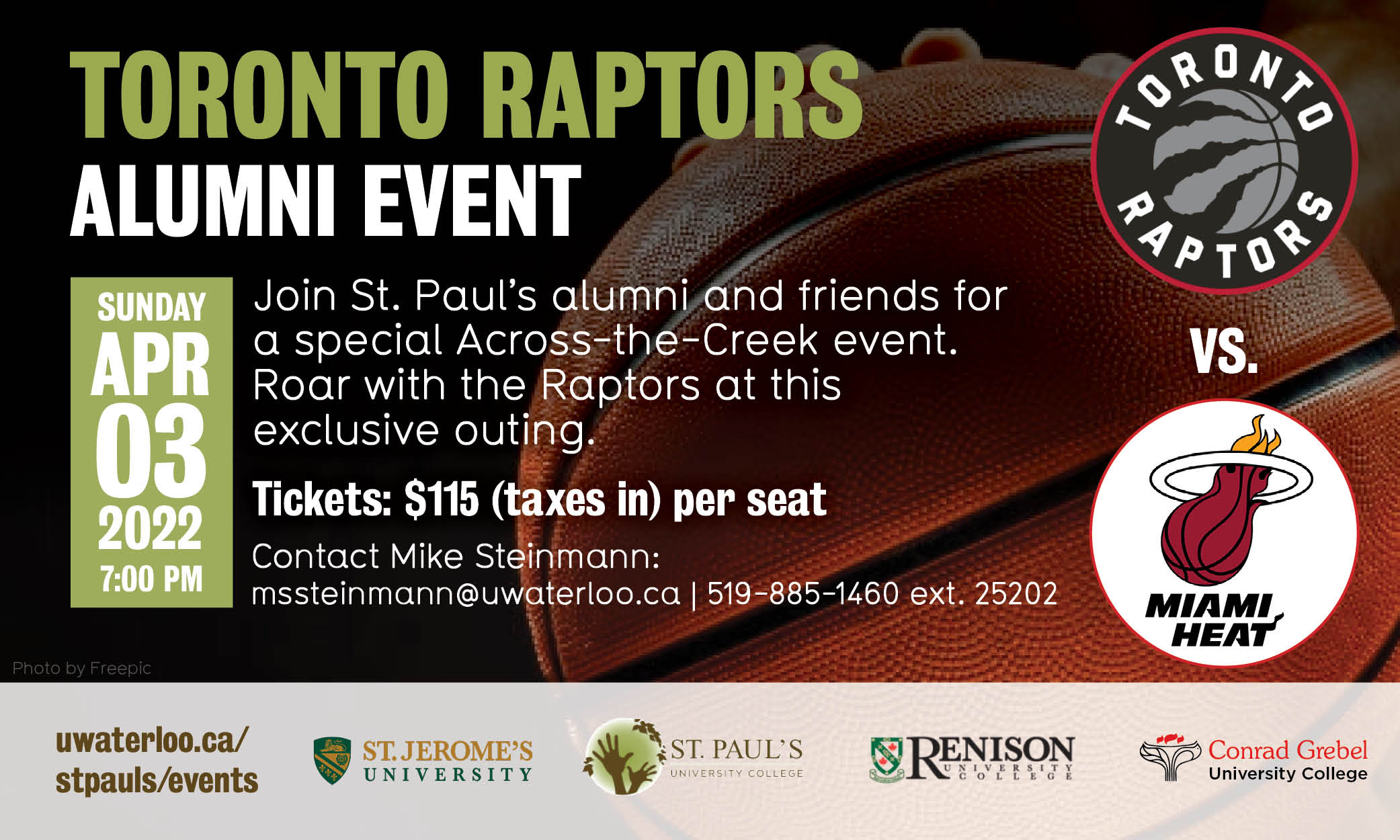 Toronto Raptors Alumni Event image, logos from Renison, Conrad Grebel, St. Jerome's and St. Paul's Colleges. Also appearing are logos for the Toronto Raptors and Miami Heat, as well as a basketball in the background.
